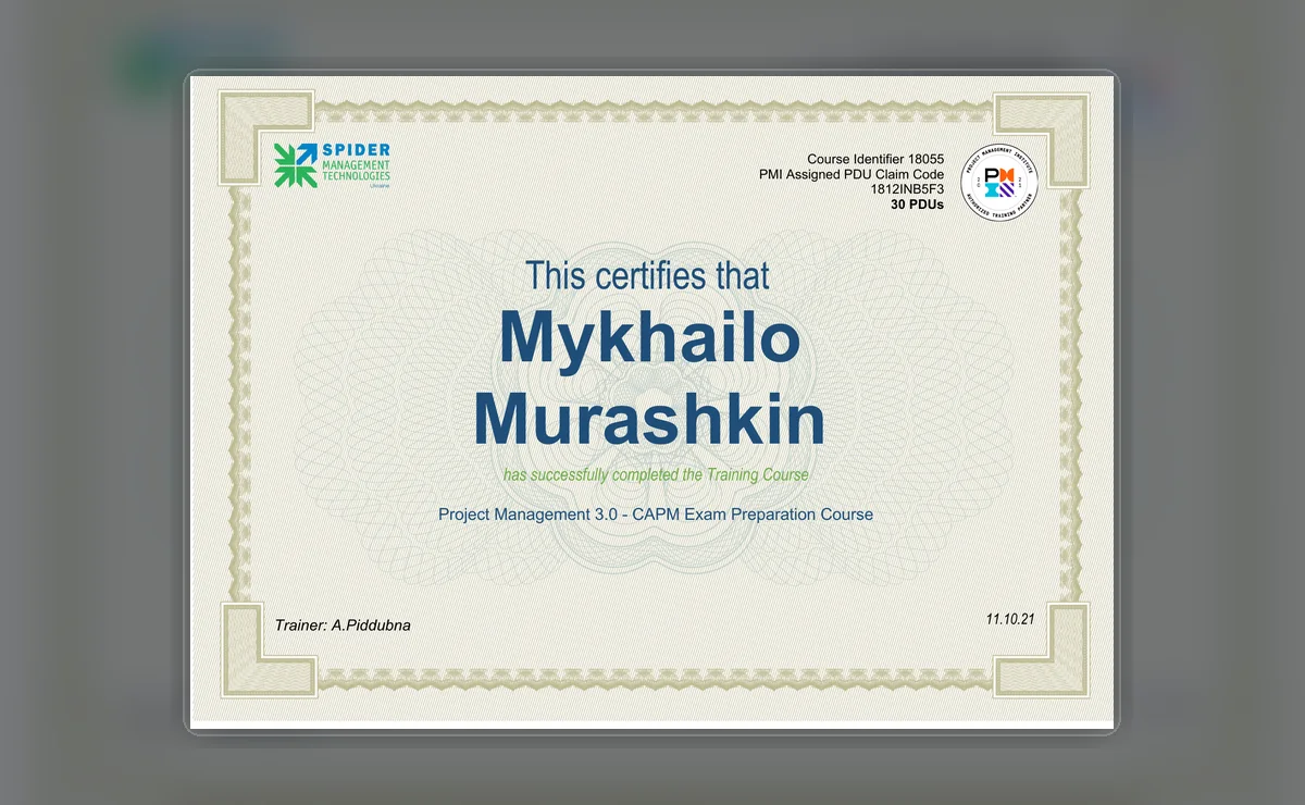 Сертифікат: Project Management 3.0 - CAPM Exam Preparation - Spider Management Technologies